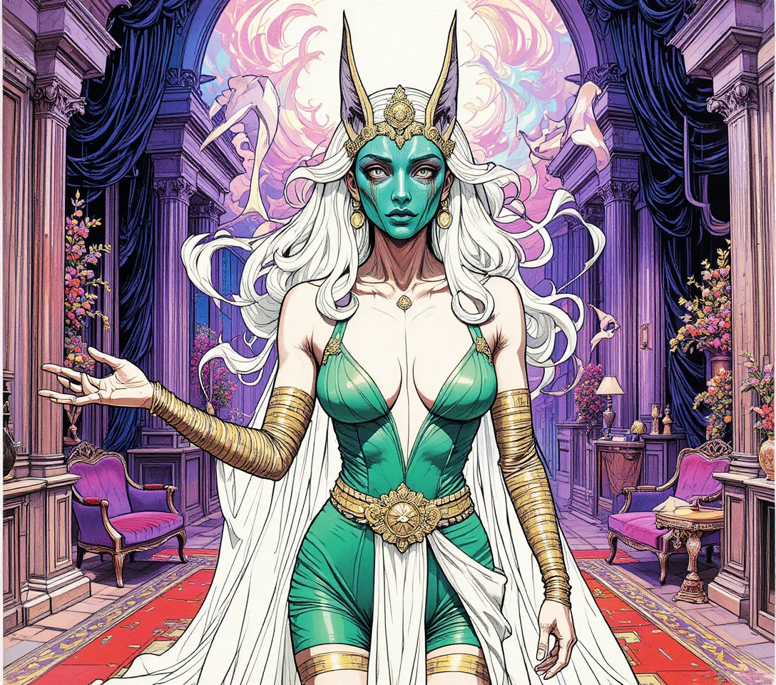 Jackal headed deity woman in swirling cosmic light