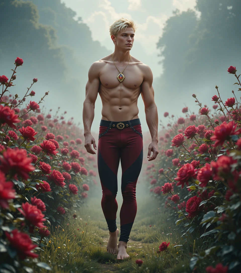 Joven rubio caminando descalzo por un campo de flores de verano