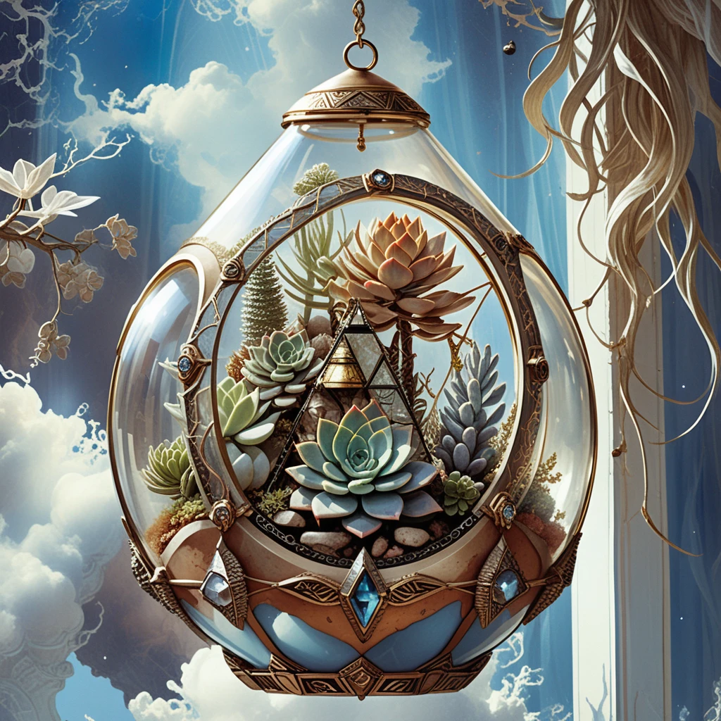 Mystical glass terrarium with succulents and gemstones