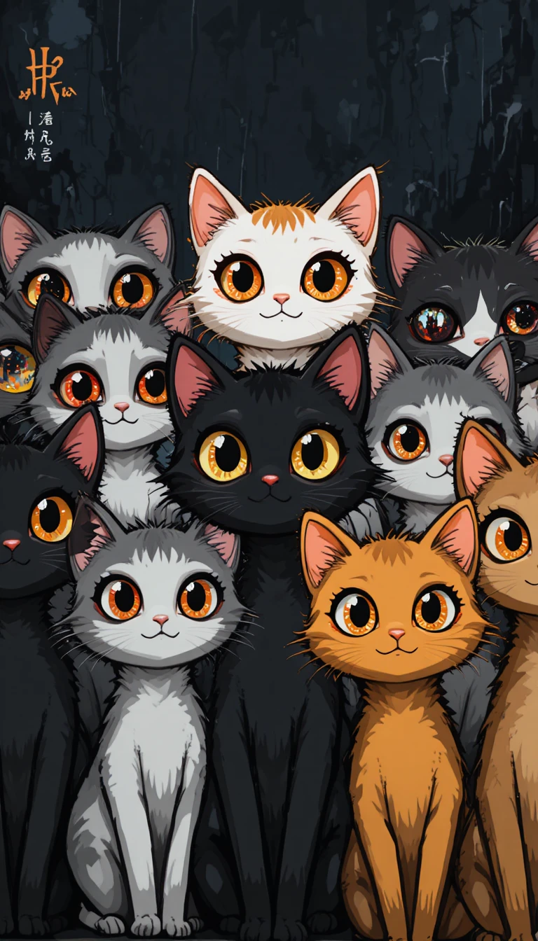 Fileira de gatos cartunescos excêntricos em fundo abstrato escuro