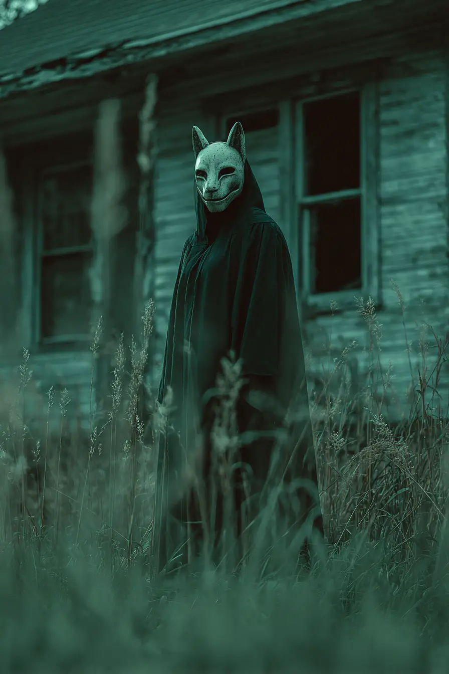 Figura mascarada diante de casa abandonada e sombria em névoa cinematográfica
