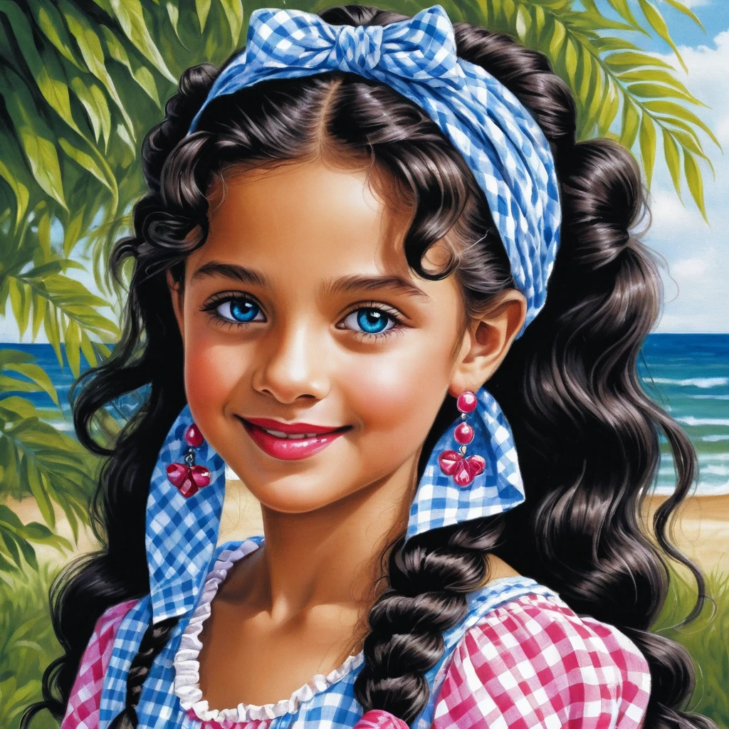 Fille souriante aux longs cheveux bouclés avec foulard d’été