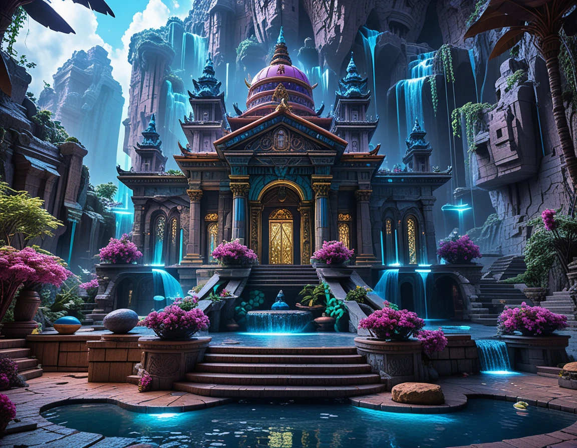 ネオンファンタジーライティングの浮遊島寺院ジオラマ