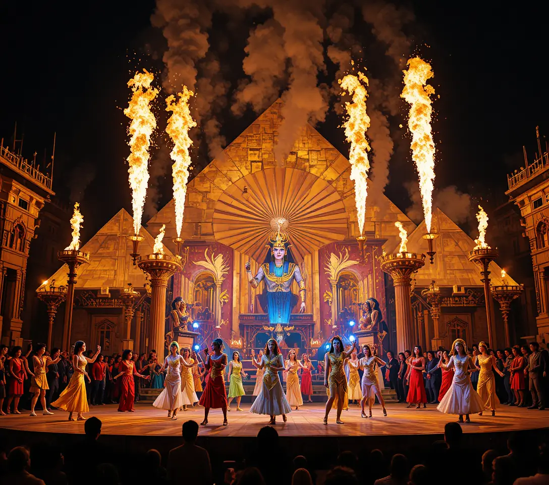 Live egyptian themed performance on a golden outdoor stage