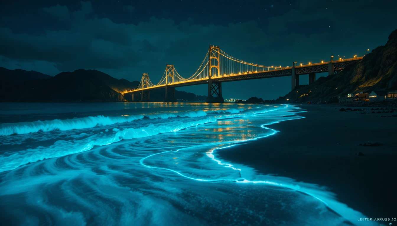Ondas Bioluminescentes em uma Praia Noturna Tranquila