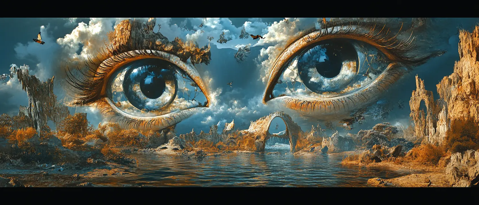 Surrealistische optische Täuschung mit mehreren überlappenden Szenen