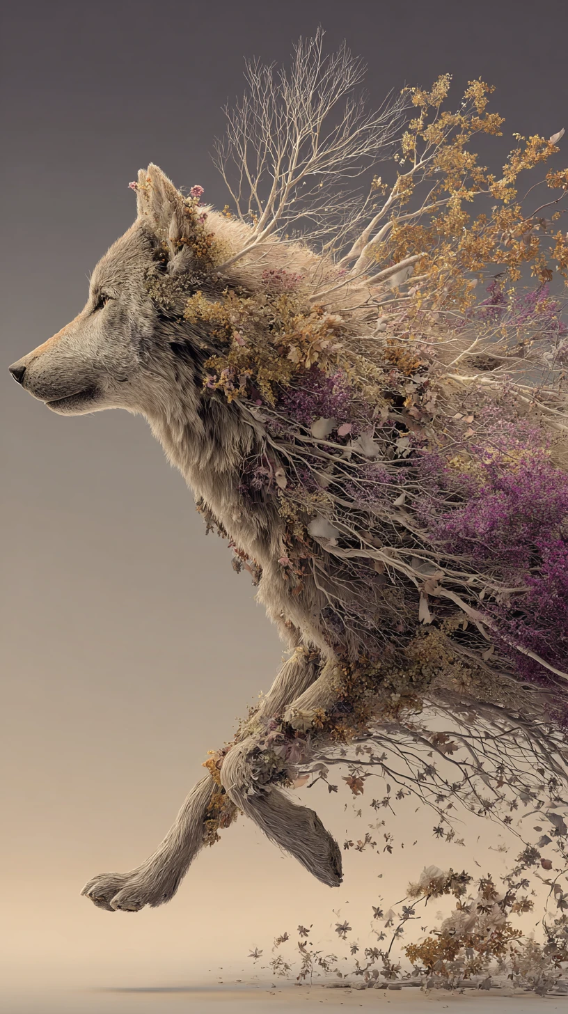 Lobo Surreal de Flores Secas em um Sonho de Outono