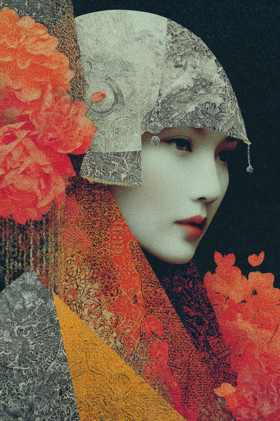 Retrato em colagem surreal da mulher mais bela e misteriosa