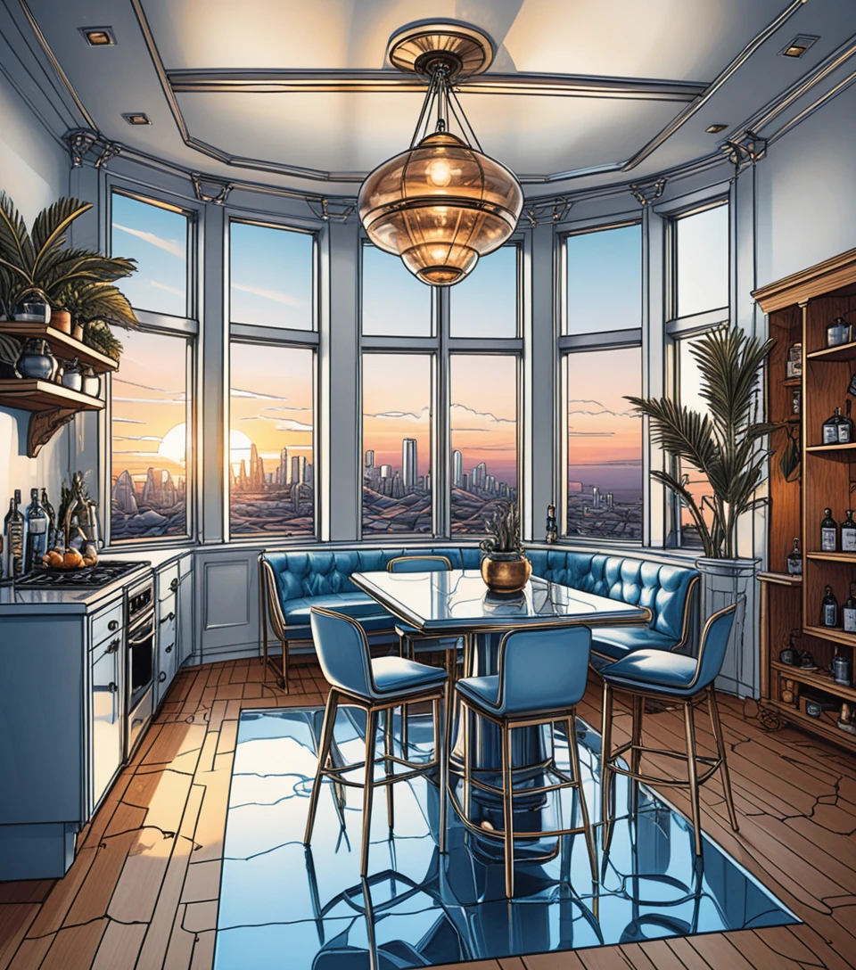 Interior de sala de jantar em miniatura isométrica com quarto em mezanino
