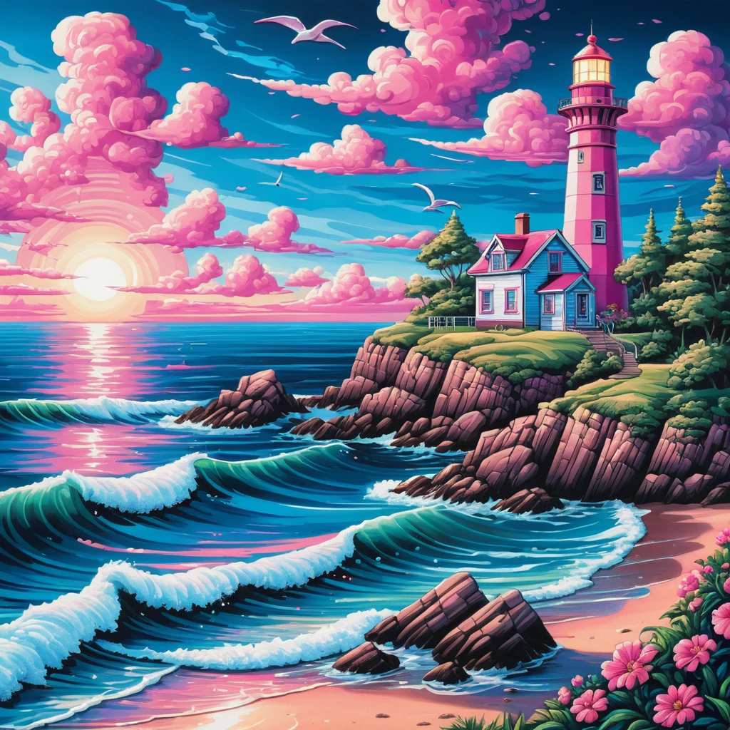 Illustrazione ravvicinata di un faro su un luminoso paesaggio marino estivo