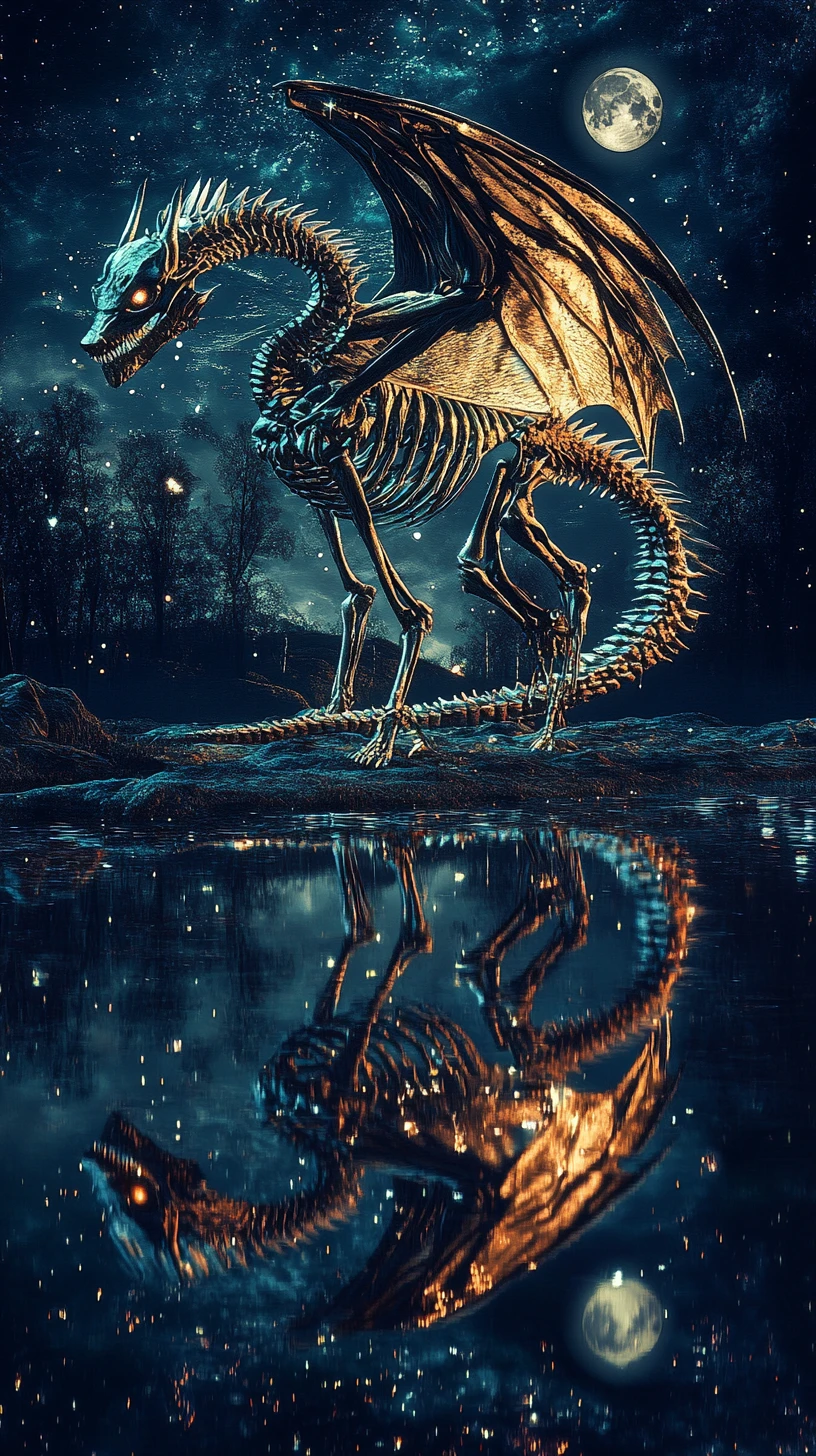 Dragon squelettique contemplant un lac réfléchissant au clair de lune