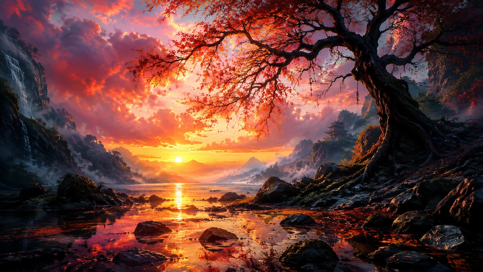 Surreale Aquarell-Landschaft bei Sonnenuntergang in warmen, satten Farben
