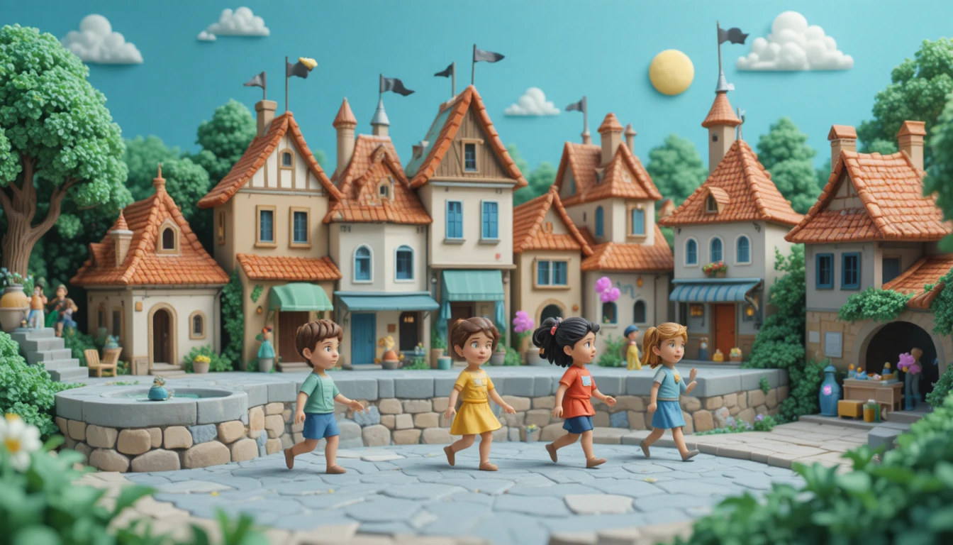 Ilustração em estilo infantil de massa de modelar de pessoas caminhando em uma vila