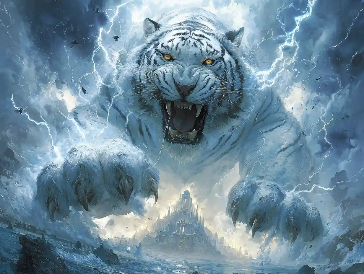 Tigre Blanc Gigantesque Descend D’un Trône De Nuages D’orage