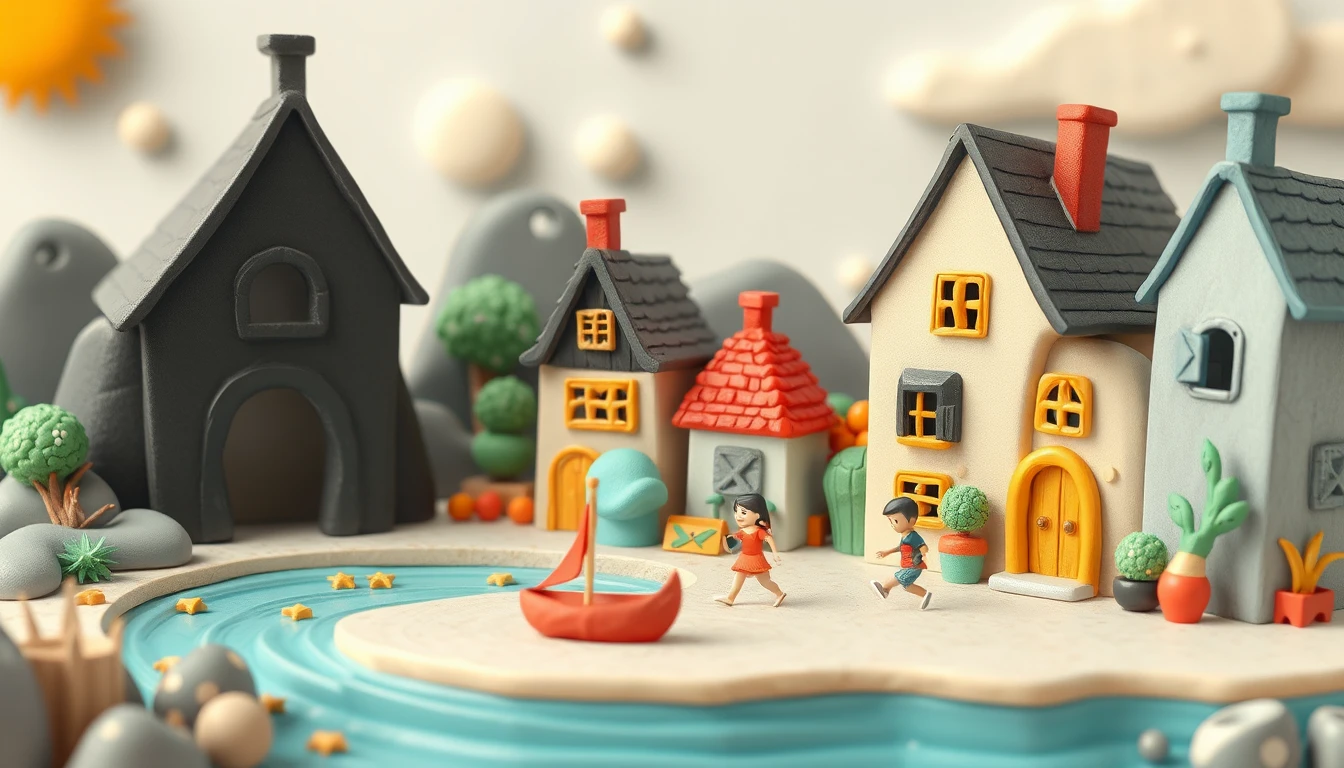 Illustration enfantine en style pâte à modeler d’une scène de vieux village