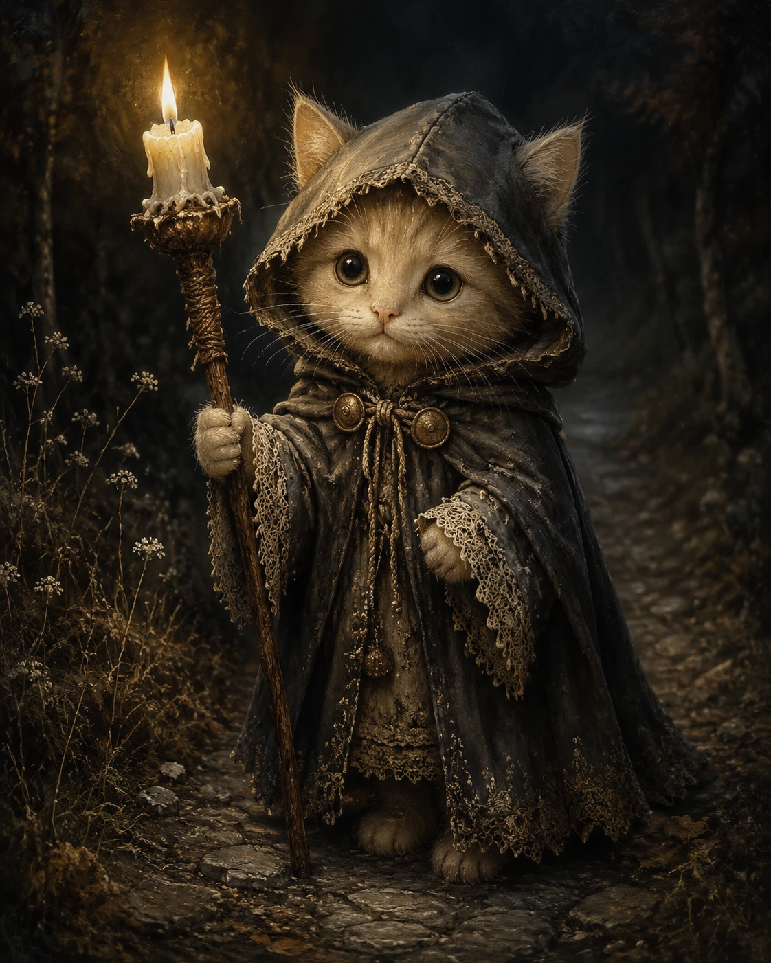 Gatito mago encapuchado con bastón iluminado por vela en sendero del bosque