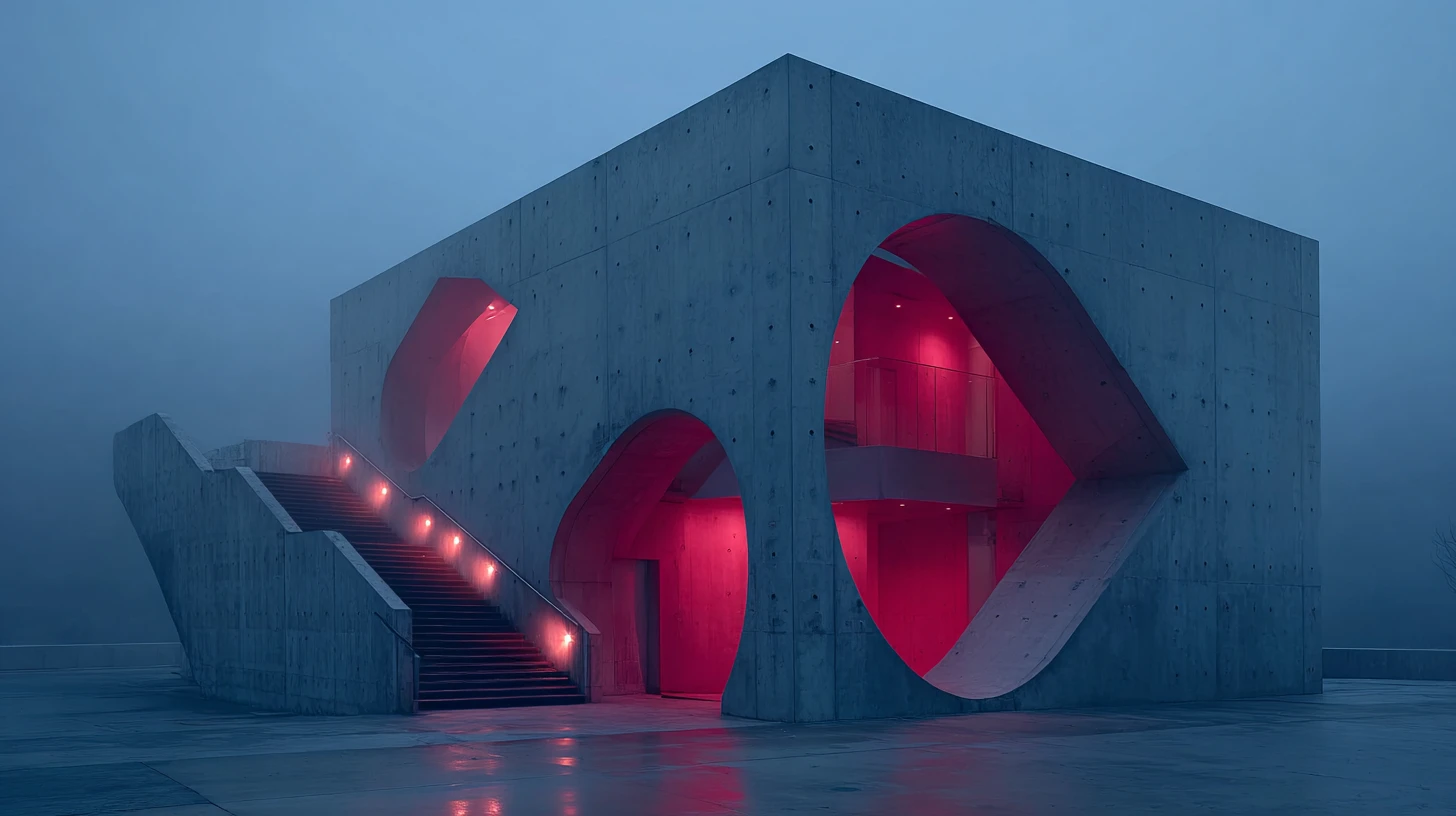 Edifício abstrato de concreto brilhando em vermelho em paisagem vazia e enevoada