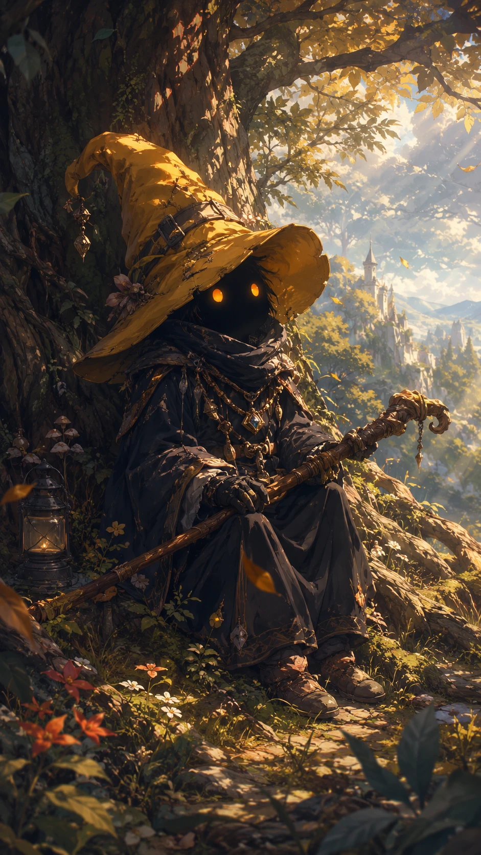 Black mage resting beneath an ancient tree in soft light