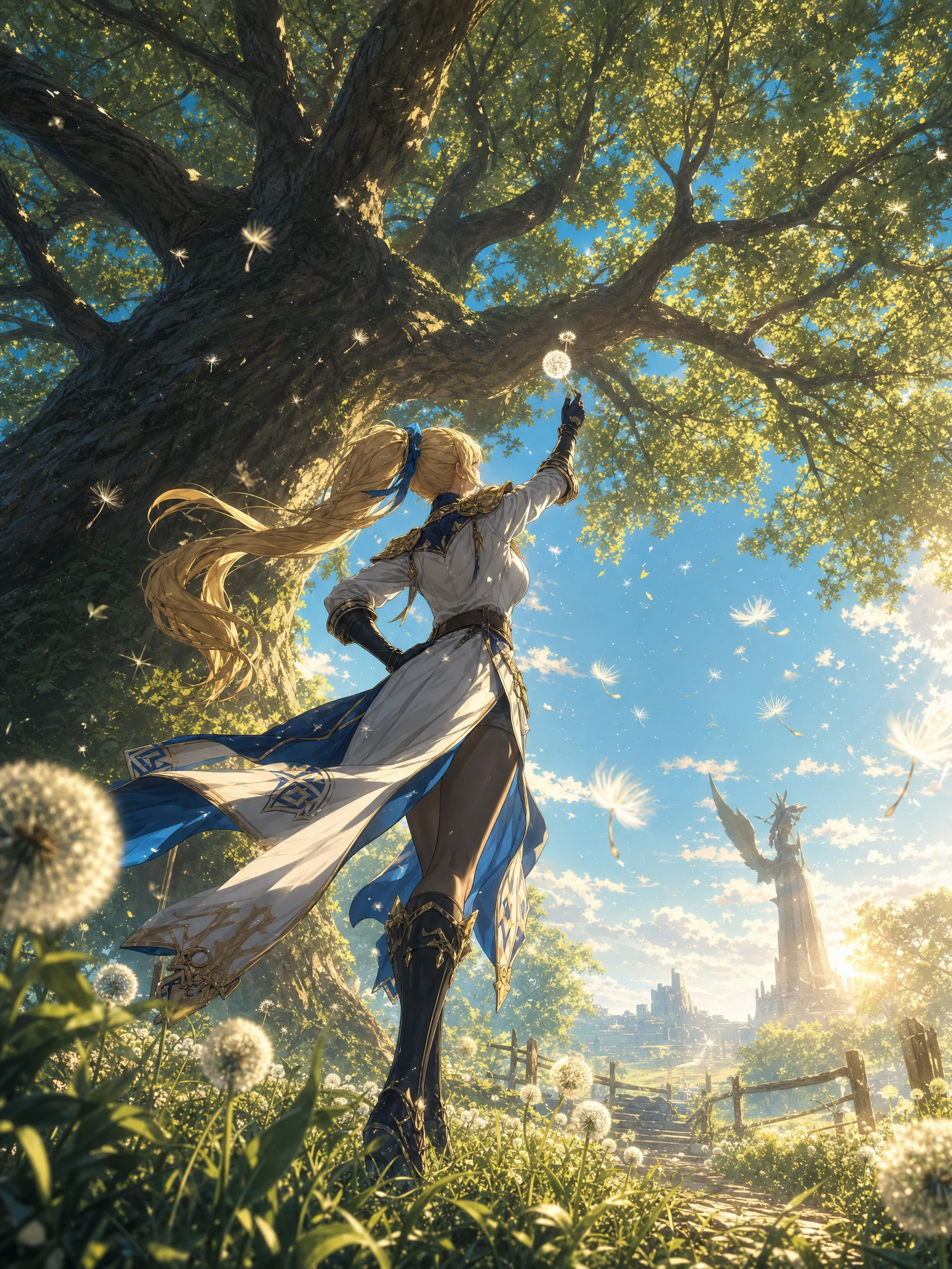 Anime-Frau im sommerlichen Feld mit Pusteblumen und Sonnenlicht