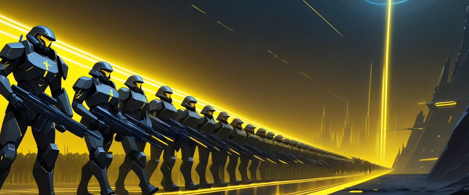 Massivo exército sci‑fi de soldados marchando à noite