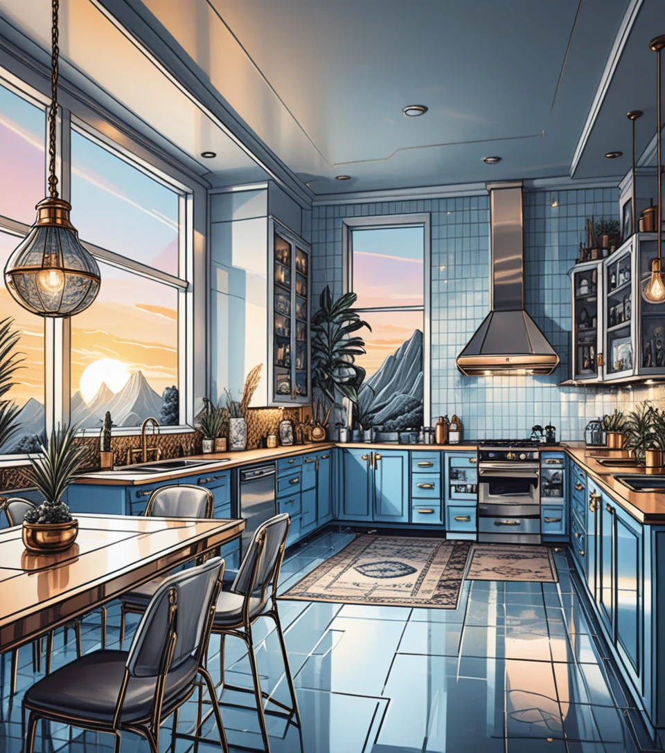 Sala de jantar em miniatura isométrica com quarto tipo loft e água