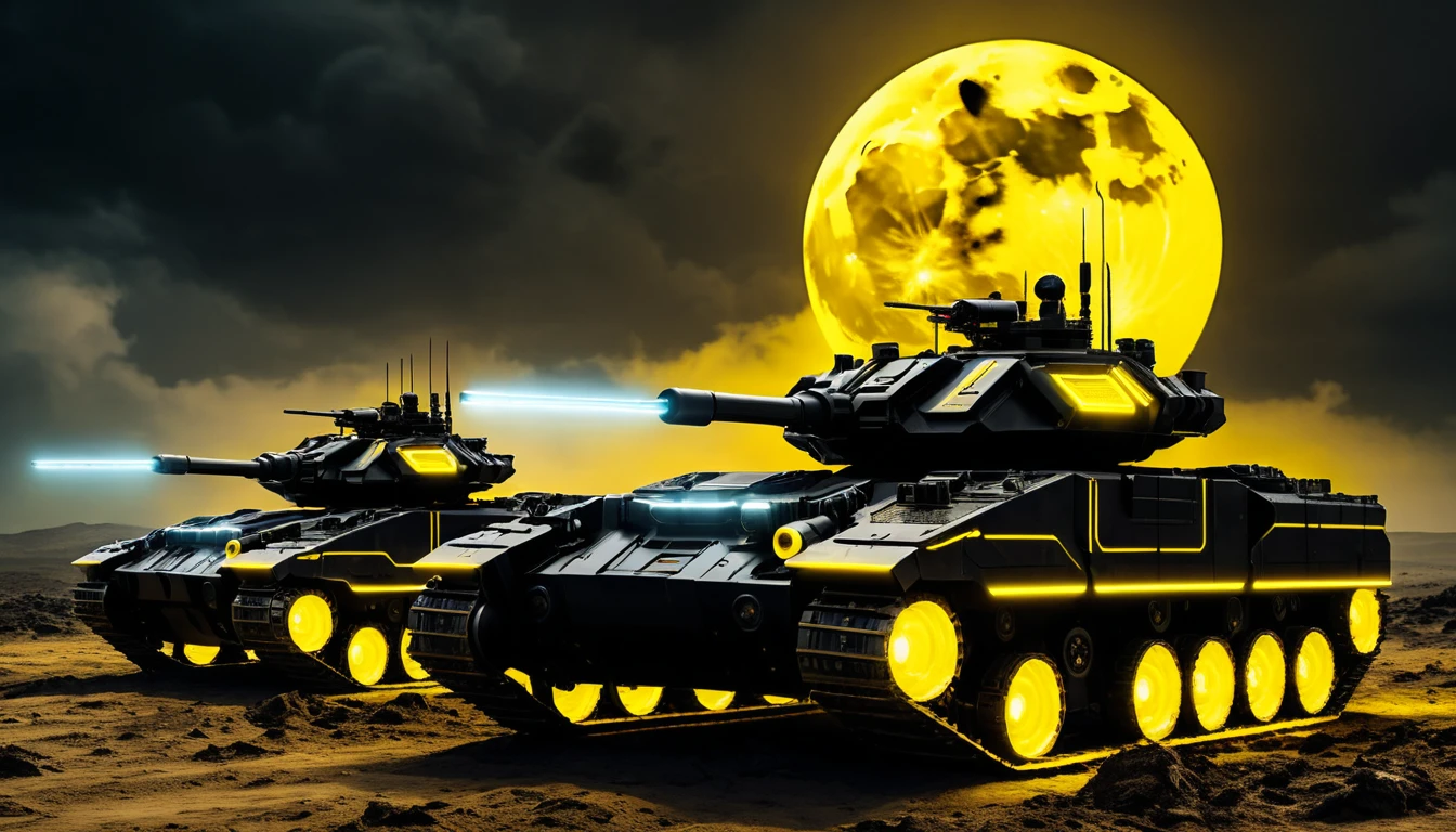 Tanques robóticos futuristas alinhados em uma lua iluminada por neon