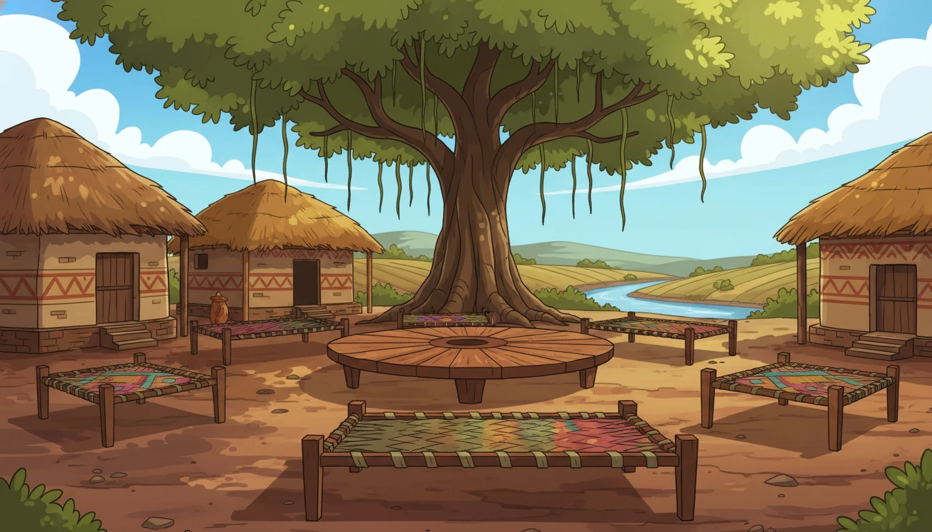 Vista em desenho animado de um pátio indiano em estilo panchayat