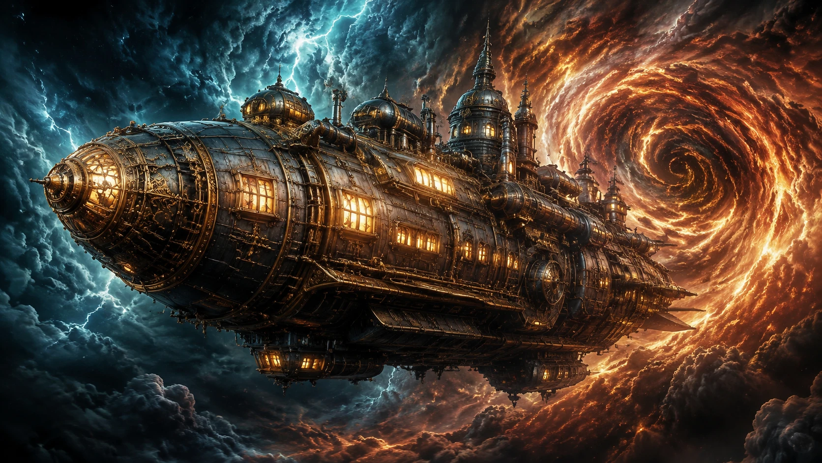 Kolossales Steampunk-Raumschiff in einem tobenden kosmischen Sturm