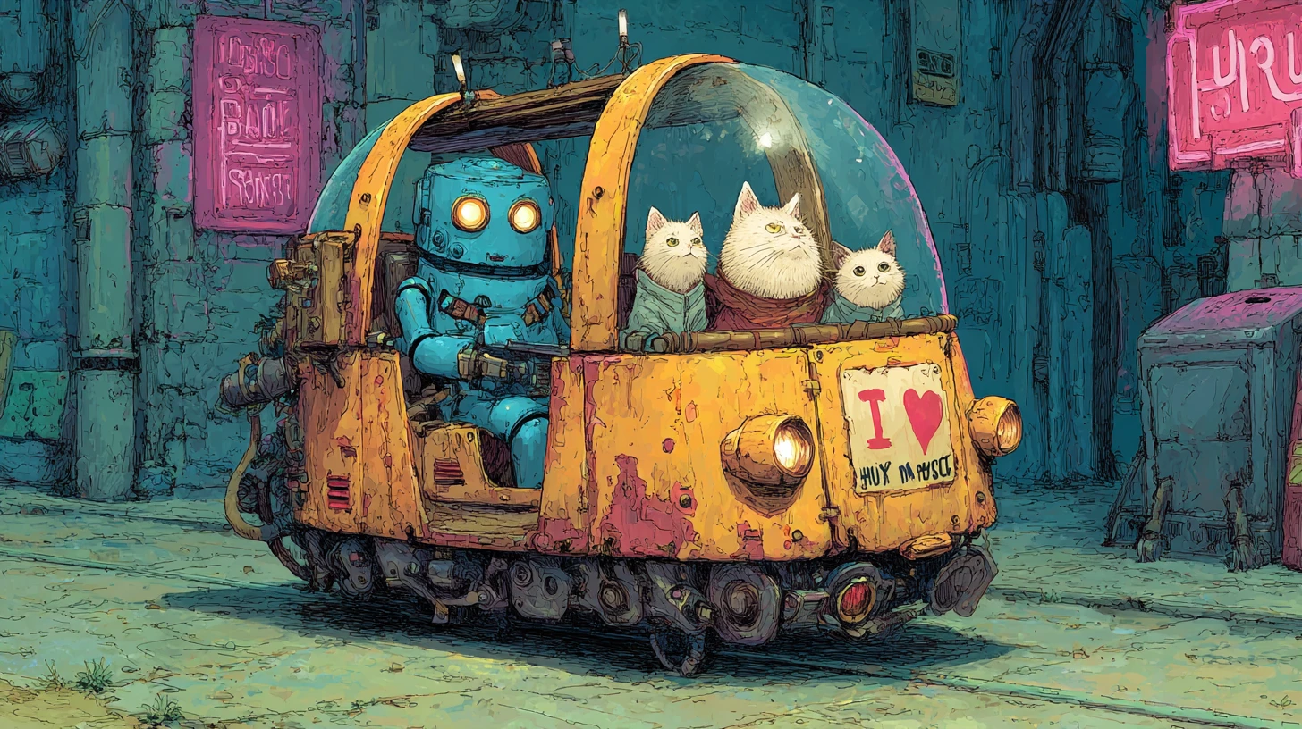 Taxi-robot rouillé volant avec des chats en combinaisons spatiales