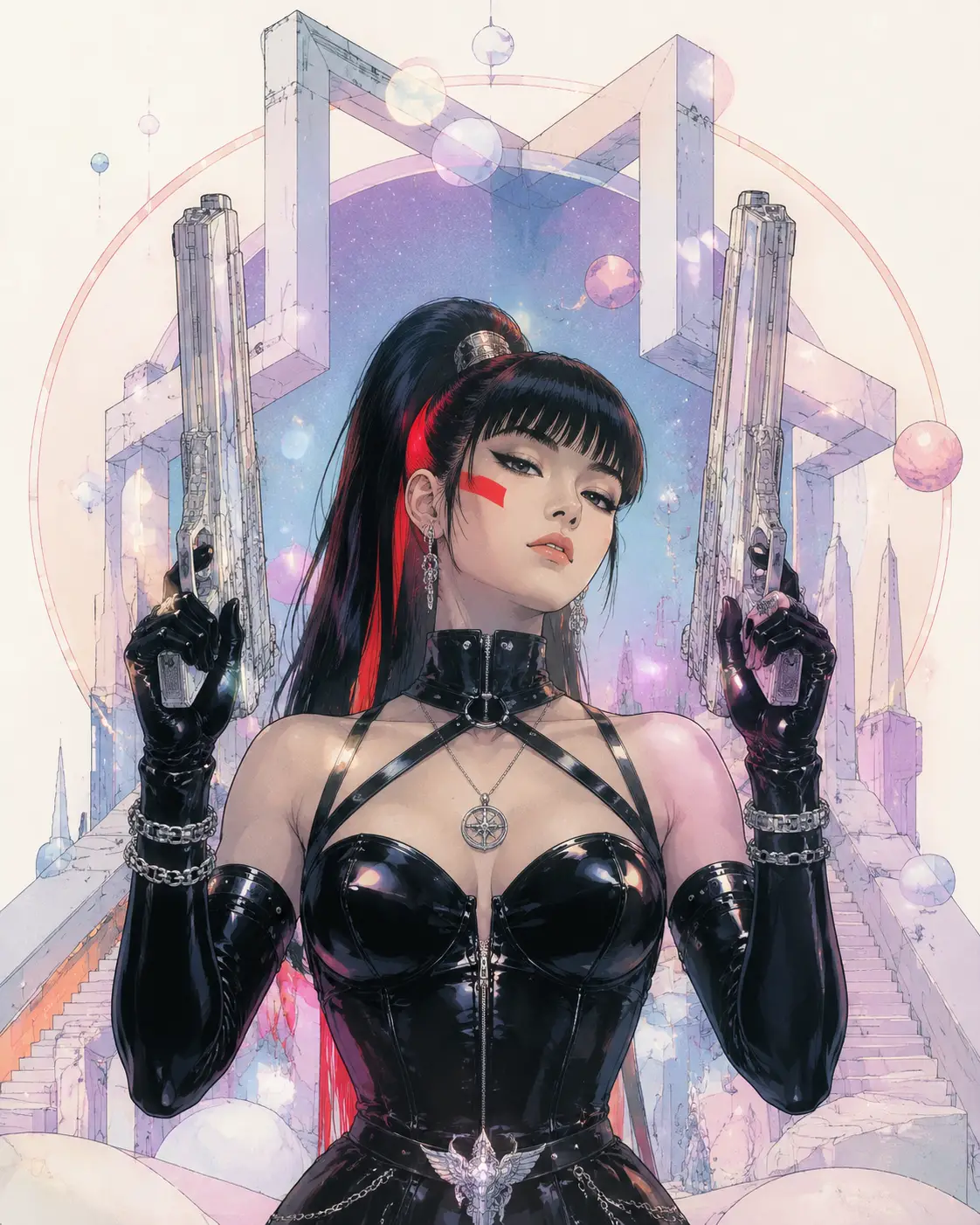 Heroína cyberpunk con pistolas gemelas en arte lineal surrealista