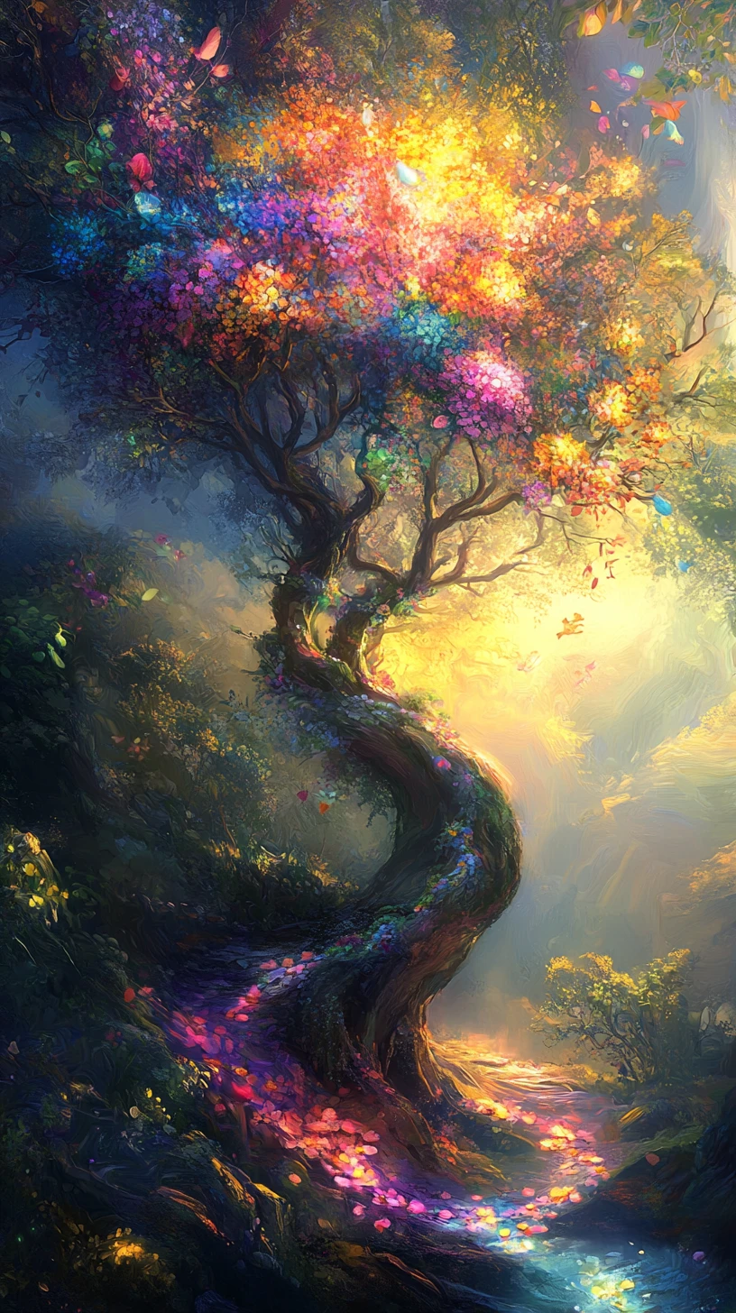 Árvore seca explodindo em flores coloridas na névoa iluminada pelo sol