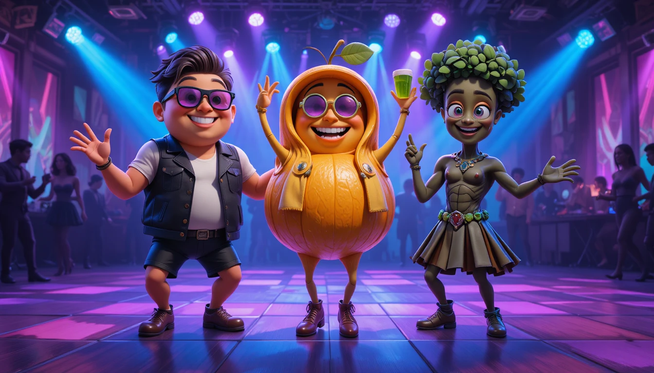 Personagens antropomórficos dançando em uma pista de disco colorida