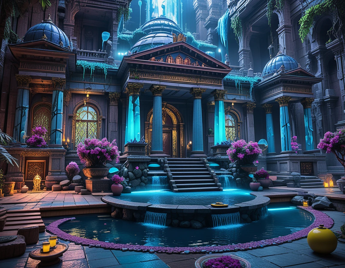 Diorama de templo em ilha flutuante com relevo de deusa em neon