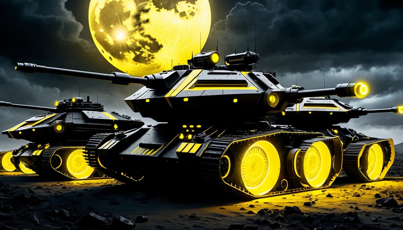 Tanques robóticos futuristas alinhados em uma lua iluminada por neon