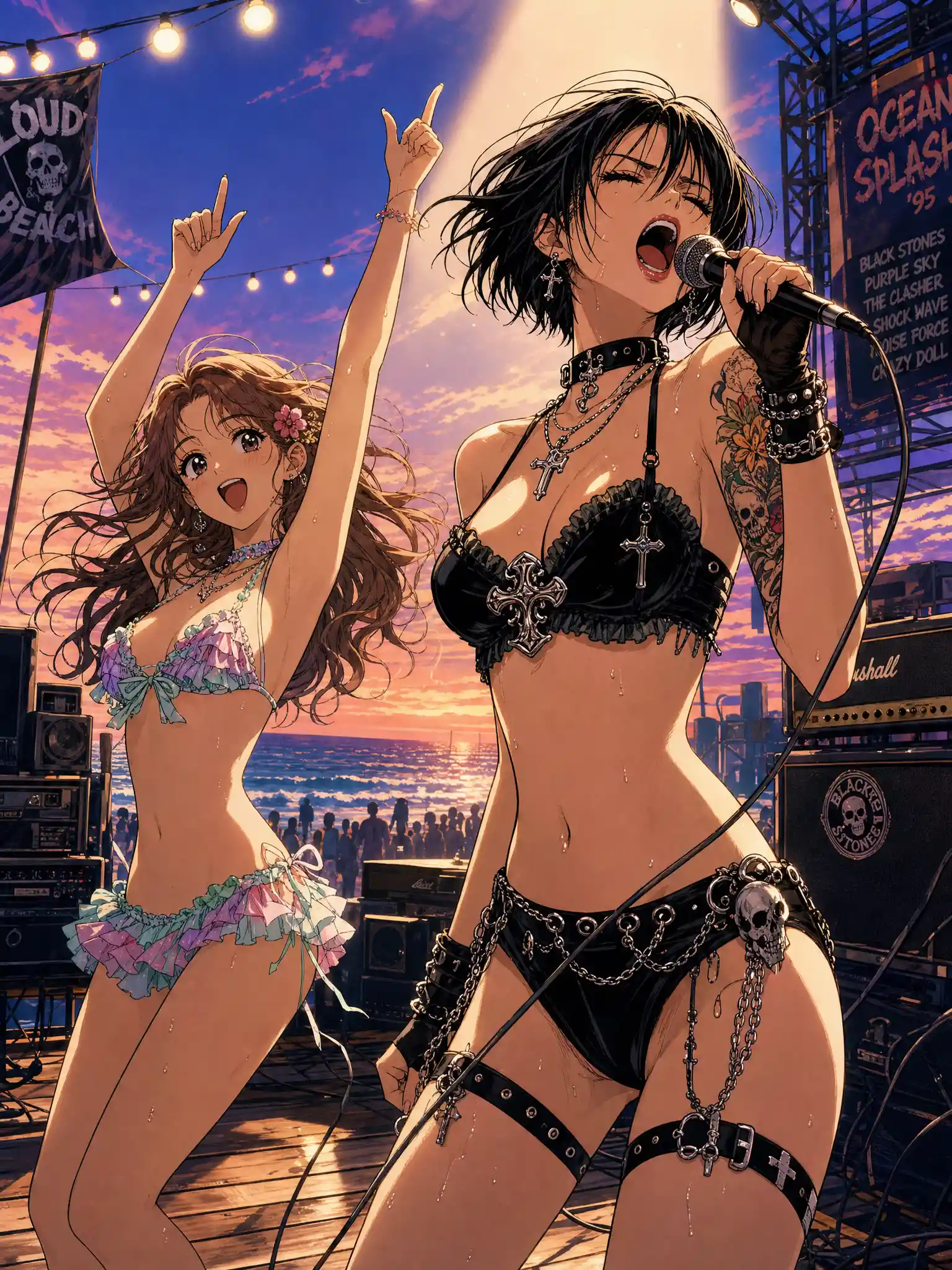 夕暮れのビーチフェスステージで歌うパンクシンガー