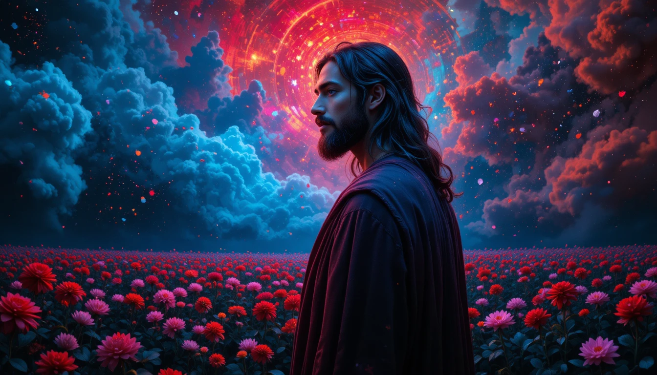 Jésus debout dans un champ de fleurs sombre et onirique