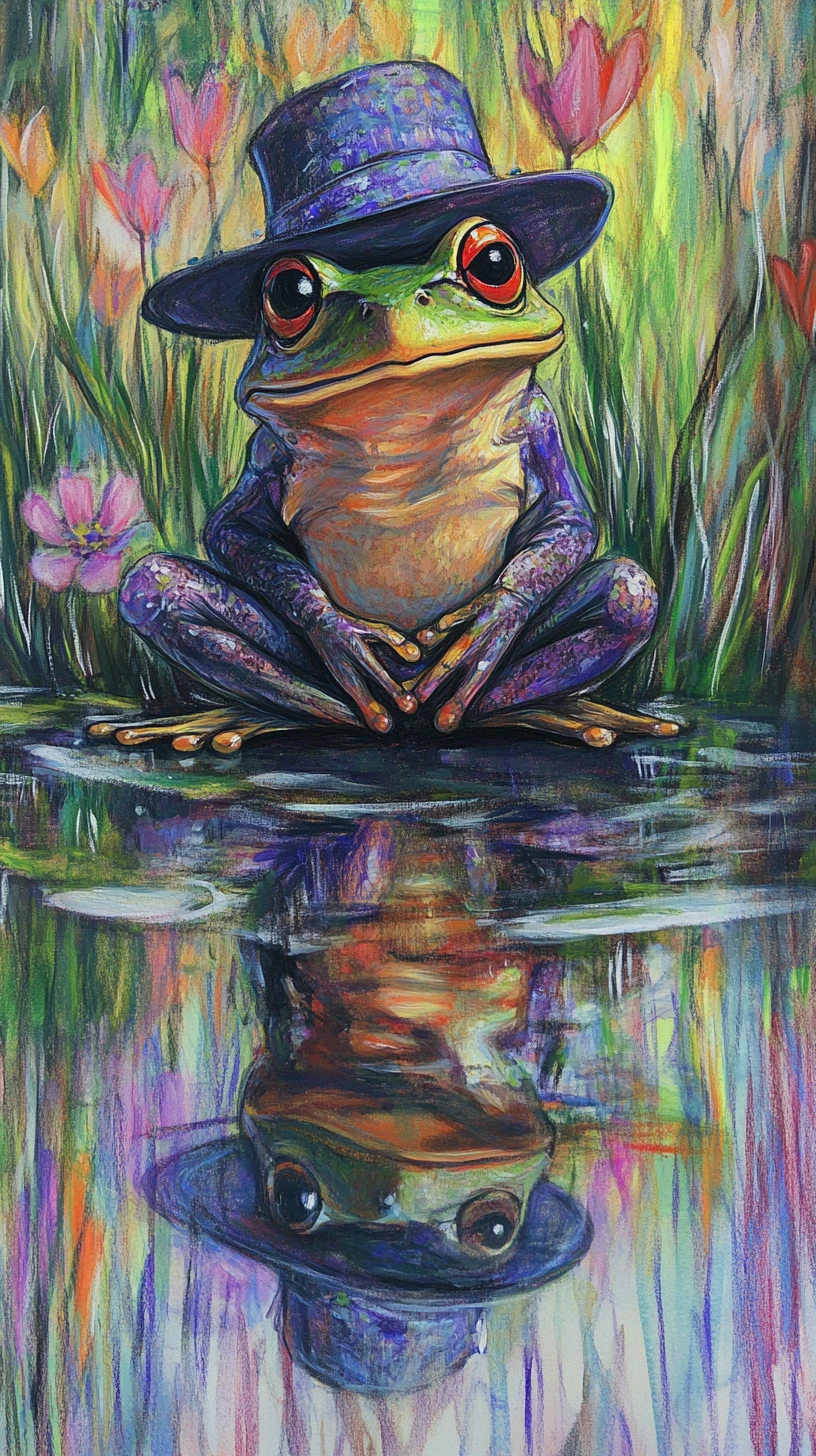 Grenouille pensive avec chapeau victorien dans un pré sous la pluie