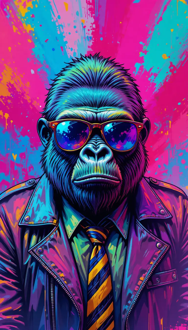 Coole Gorilla mit Sonnenbrille vor neonfarbenem abstraktem Hintergrund