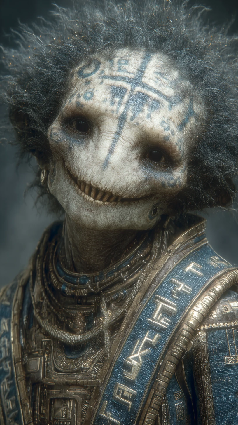 Retrato ameaçador de alienígena com olhos negros do vazio e runas brilhantes