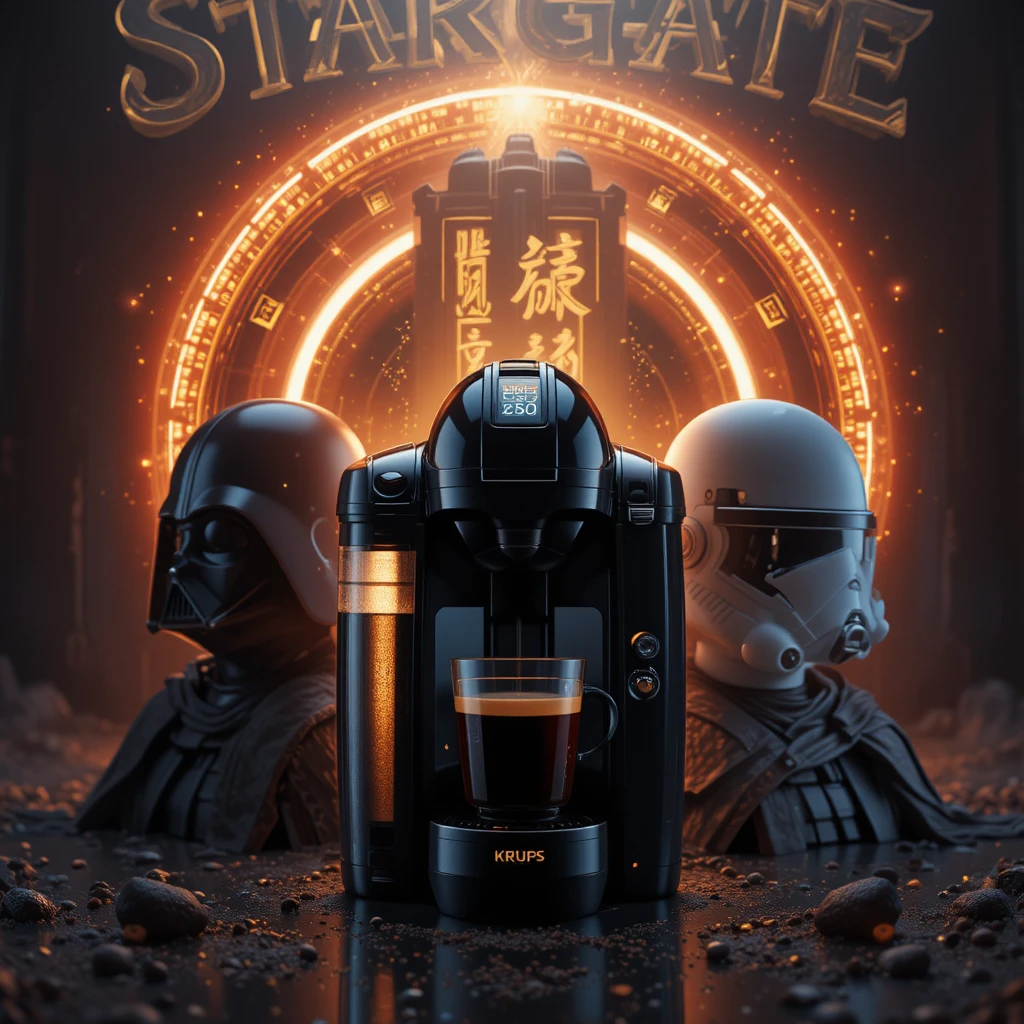 Máquina de café futurista diante de um portal de ficção científica brilhante
