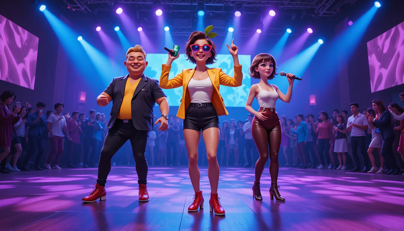 Personagens de festa antropomórficos dançando em um palco vibrante de boate
