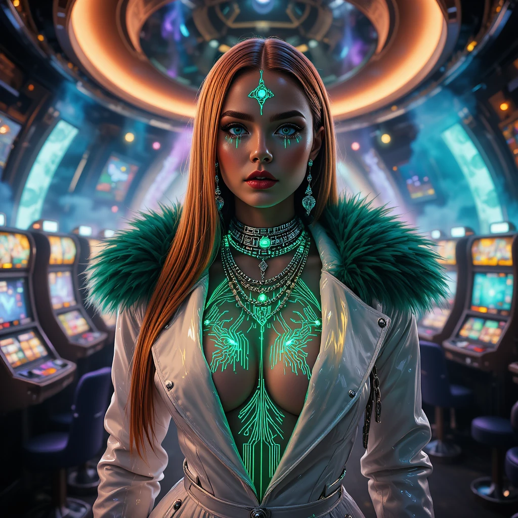 Glamouröse interstellare Gesetzesbrecherin im neonbeleuchteten Orbit-Casino
