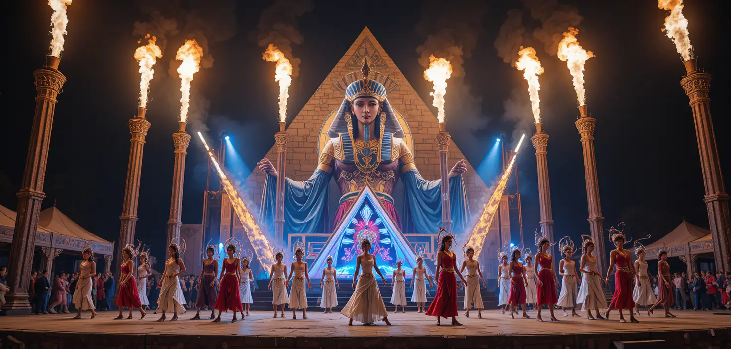 Live Egyptian themed performance on outdoor festival stage