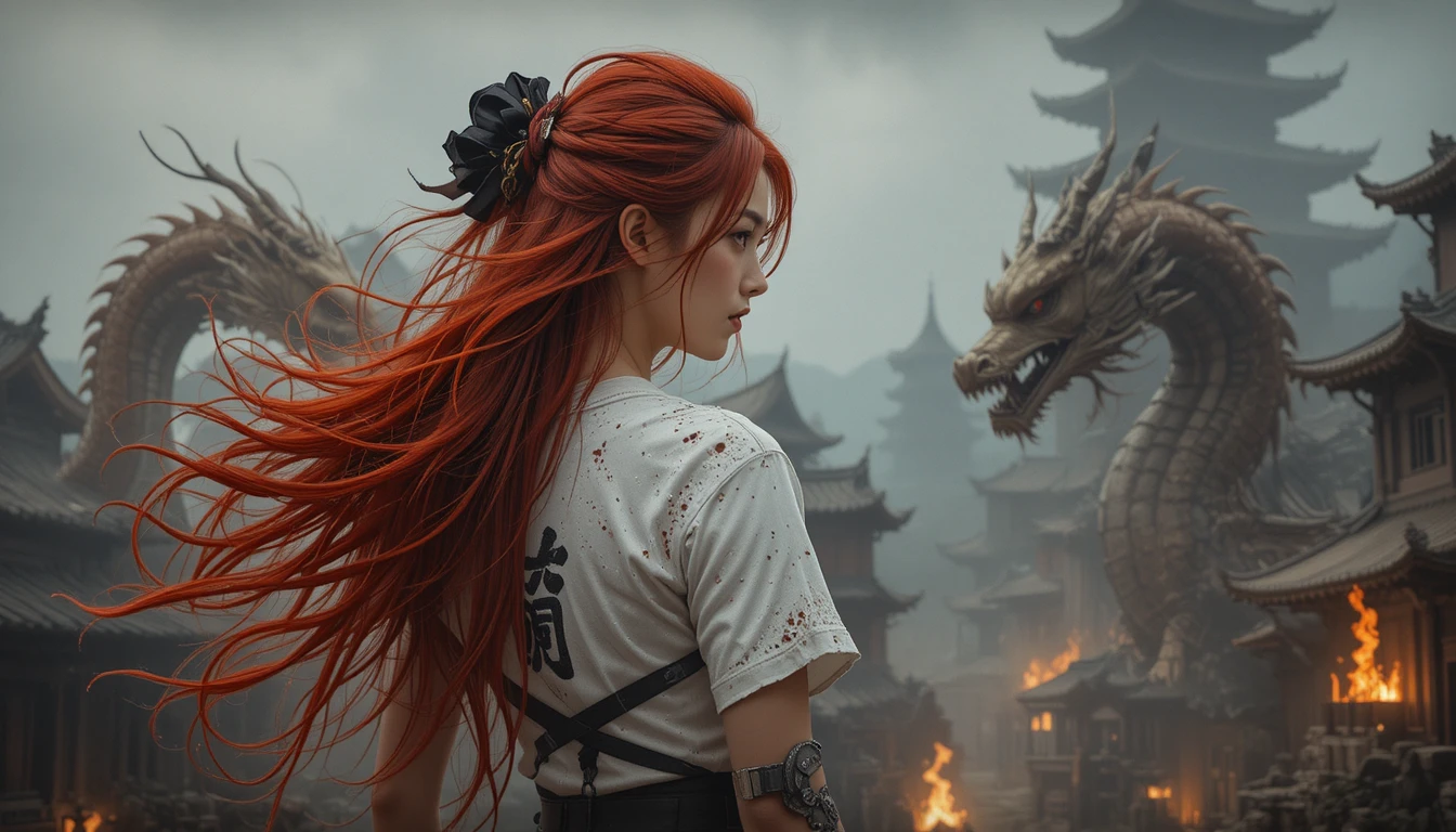 Mujer pelirroja de anime ante dragones y templo entre la niebla