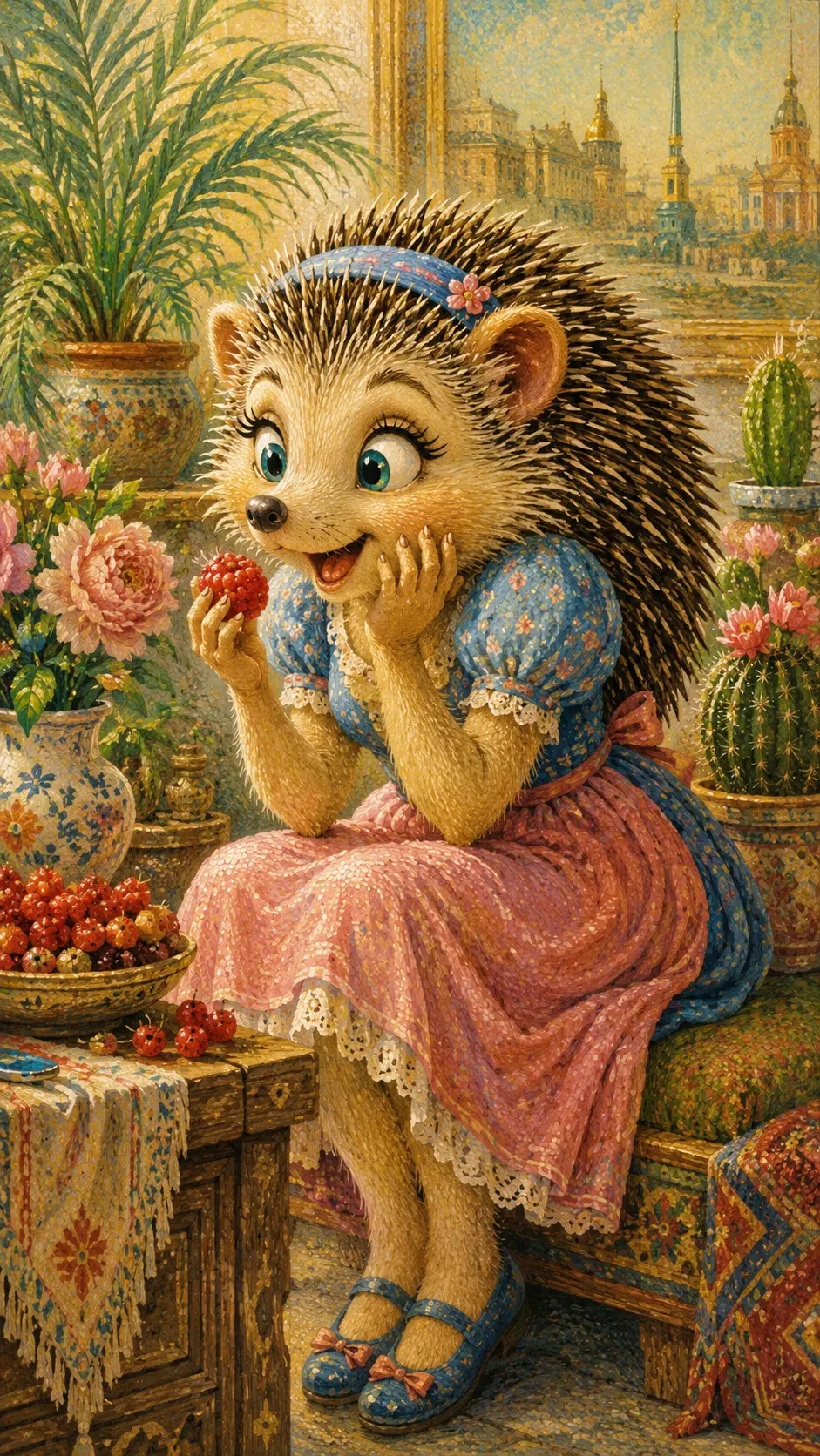 Anthropomorphic female hedgehog in blue dress sitting happily
