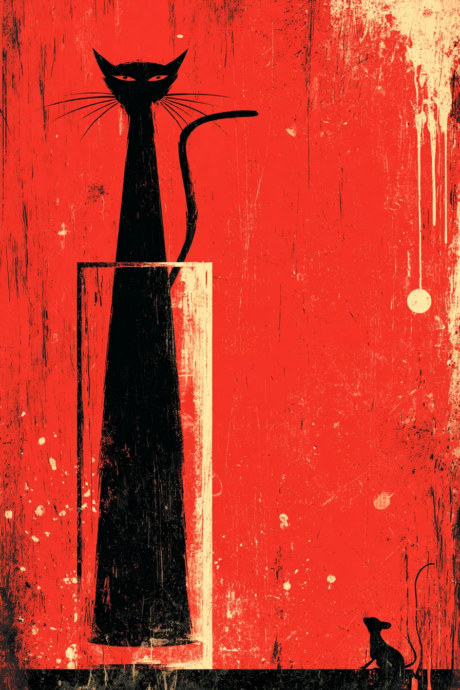 Pôster de thriller retrô com silhueta de gato preto em vermelho