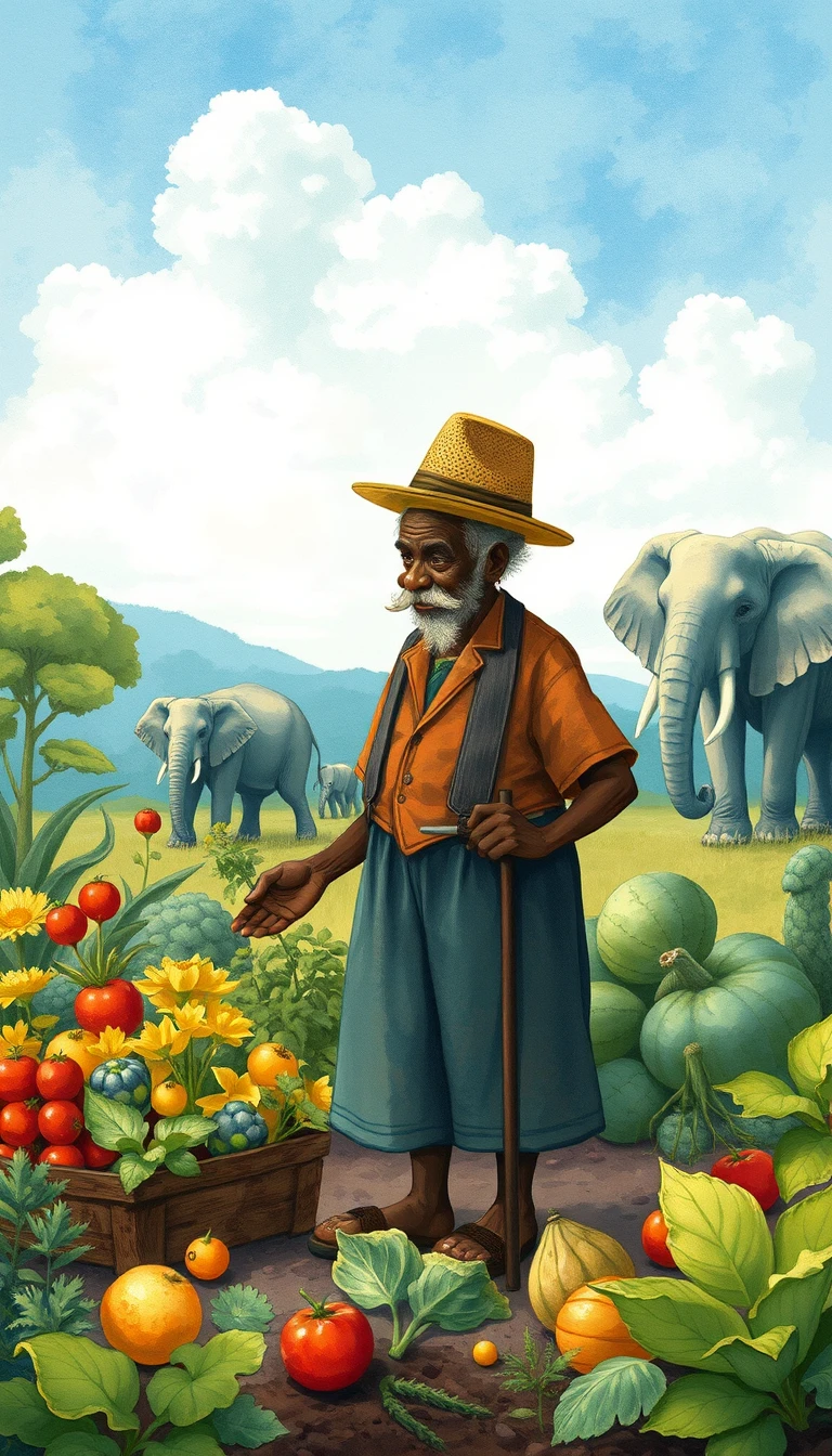 Senhor idoso jardinando em uma aconchegante savana africana em aquarela