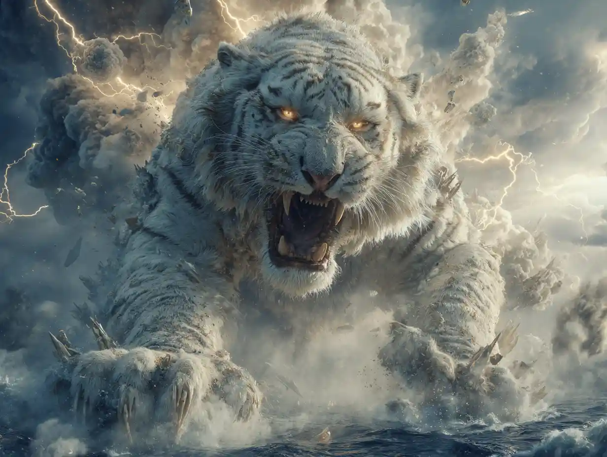 Colossal white tiger descending from a storm throne