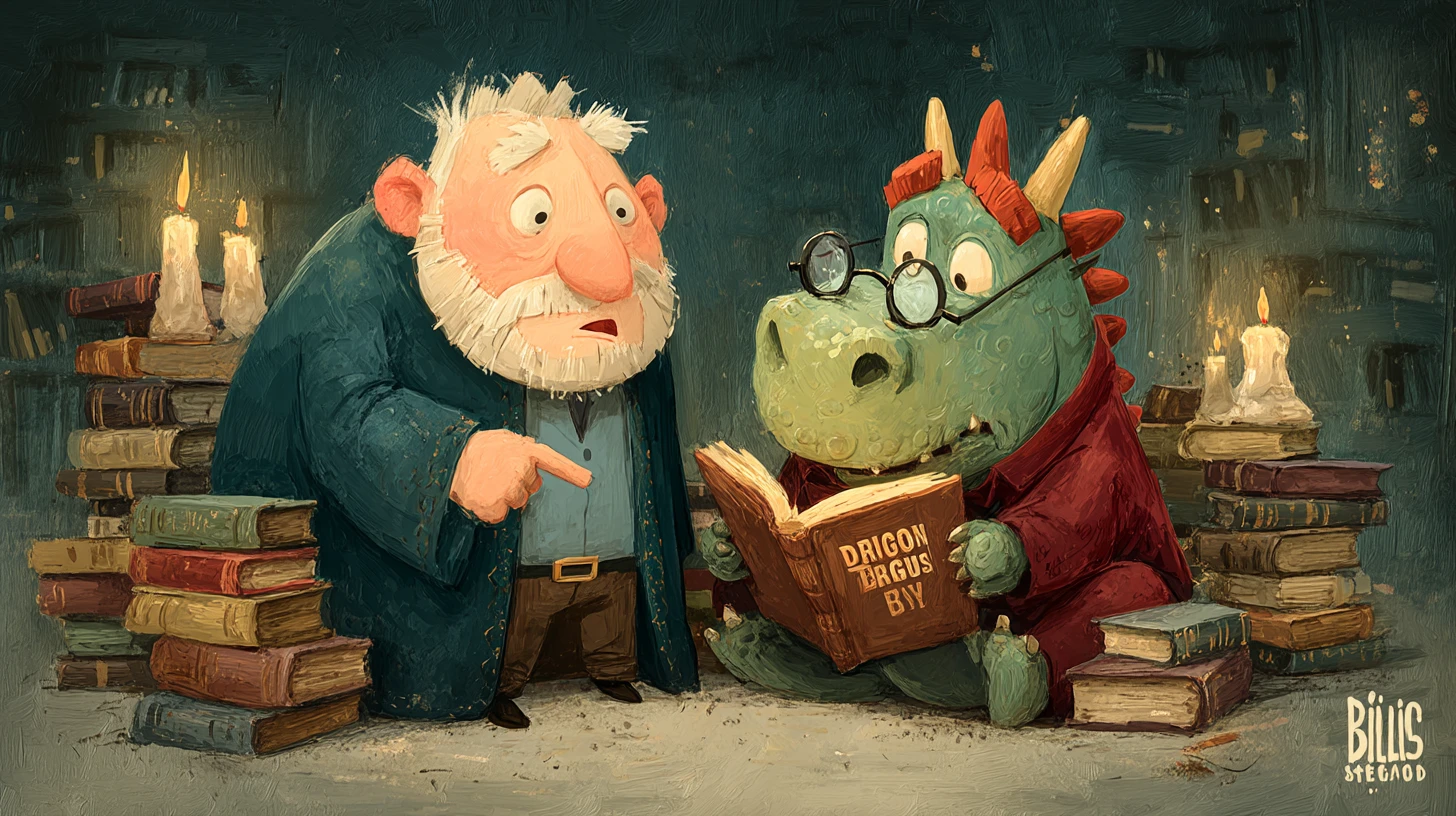 Elderly wizard teaching a confused dragon to read