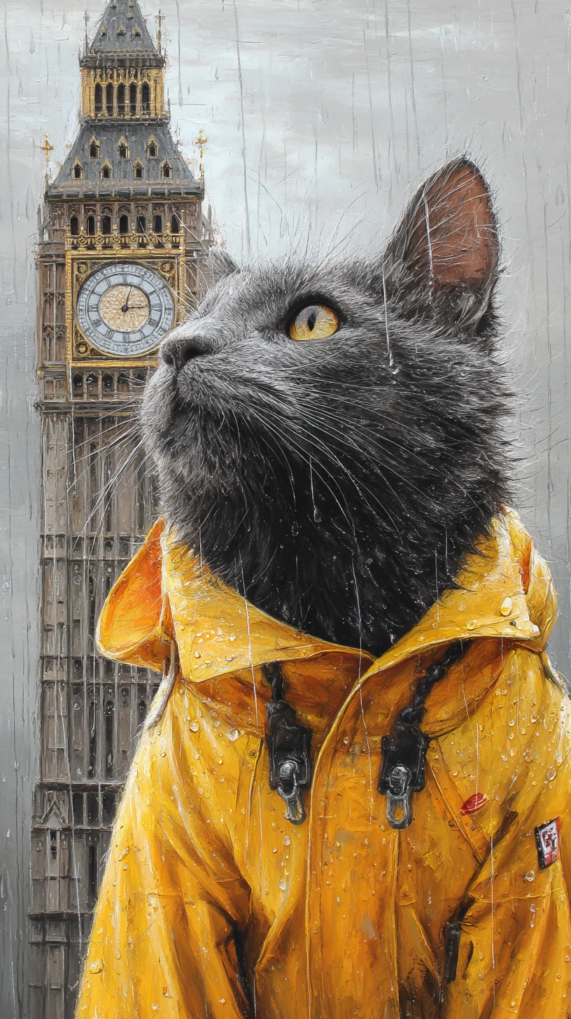 Gato cinza tirando uma selfie em frente ao Big Ben